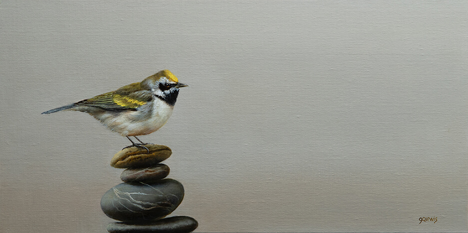 Title (yellow bird on books) 6 x 8 inches, oil on canvas