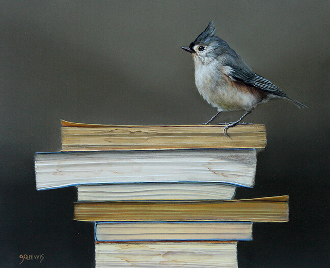 Title (yellow bird on books) 6 x 8 inches, oil on canvas
